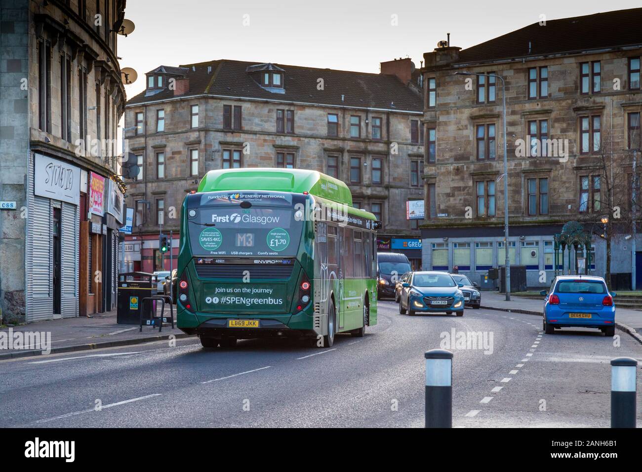 Première Glasgow récemment acquis de nouveaux autobus électriques Enviro 200EV pour utilisation sur la M3 reliant le centre-ville de Milton. Aujourd'hui l'un d'entre eux, numéro de flotte, 48901, entra en service pour la première fois. Ce véhicule entièrement électrique a été fabriqué par Alexander Dennis à Falkirk et financé par les réseaux d'énergie Scottish Power. Banque D'Images