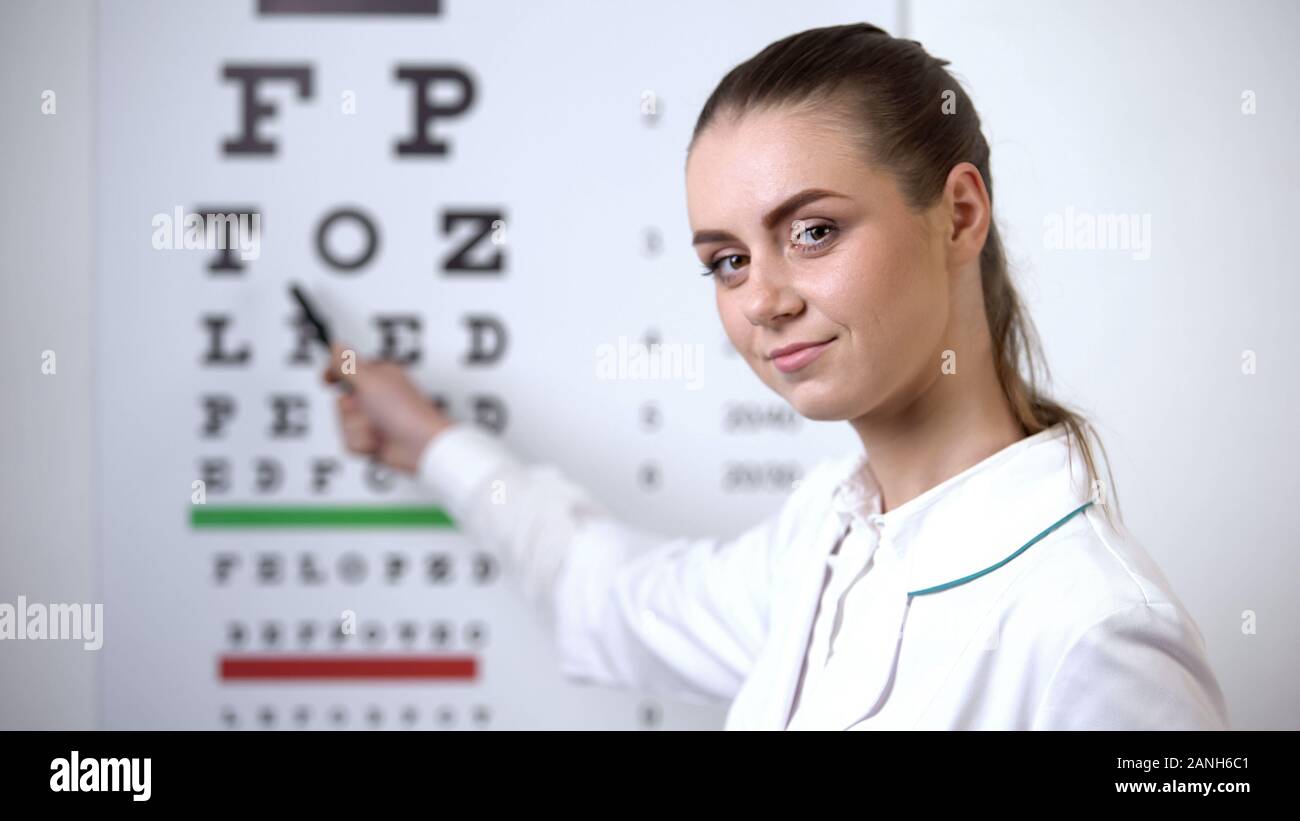 Femme optométriste pointant sur l'œil, la vision dans l'essai clinique d'ophtalmologie Banque D'Images