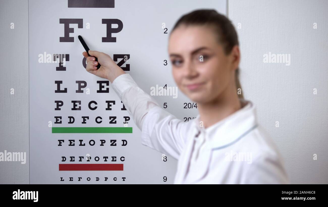 L'accent sur la vue patient POV eye chart, médecin confirme la réussite de l'examen de la vision Banque D'Images