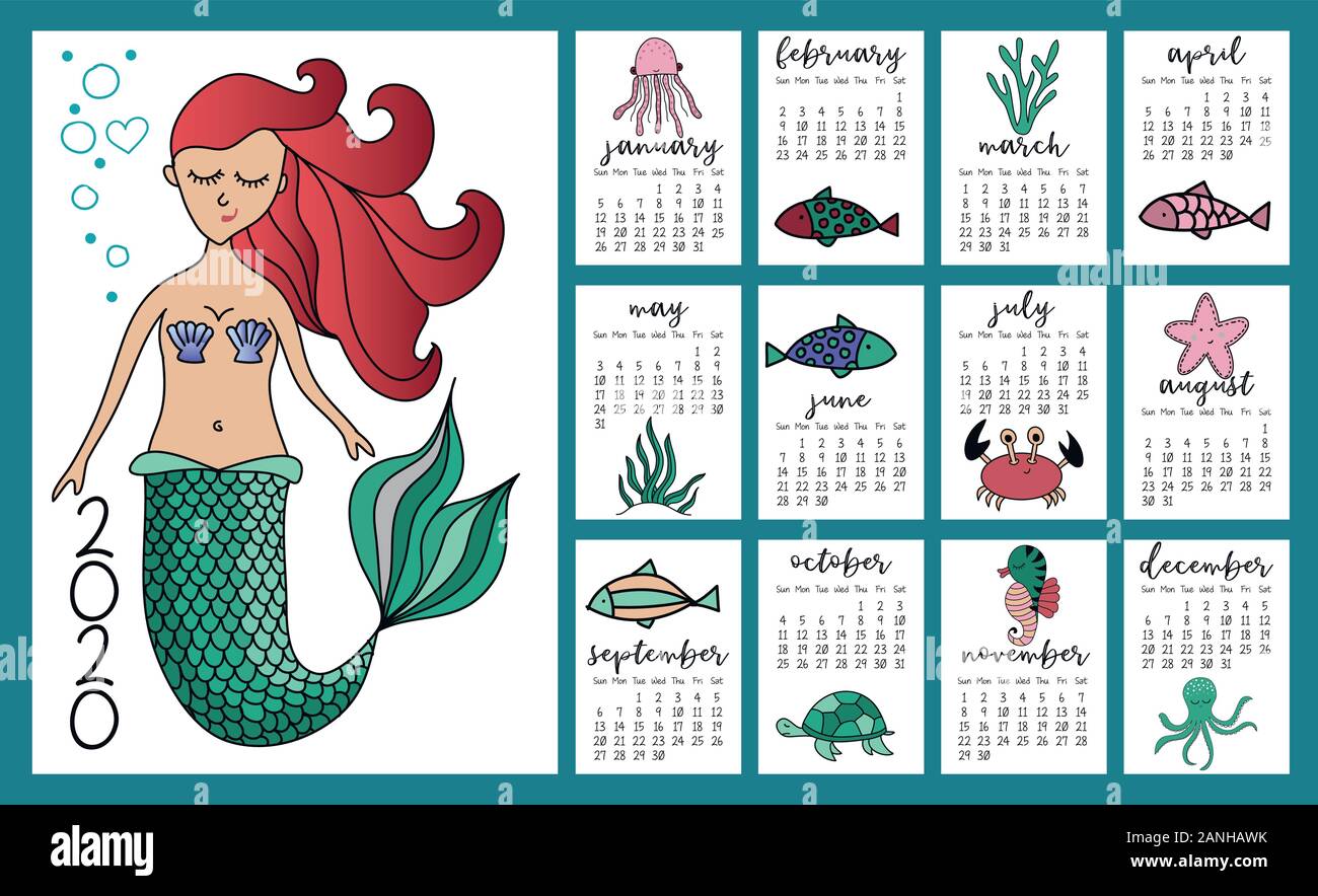 Petite Sirène et de la vie marine pour l'année 2020 du calendrier. Design mignon, version planner de 12 mois avec les poissons. Semaine commence le dimanche. Niveau Illustration de Vecteur