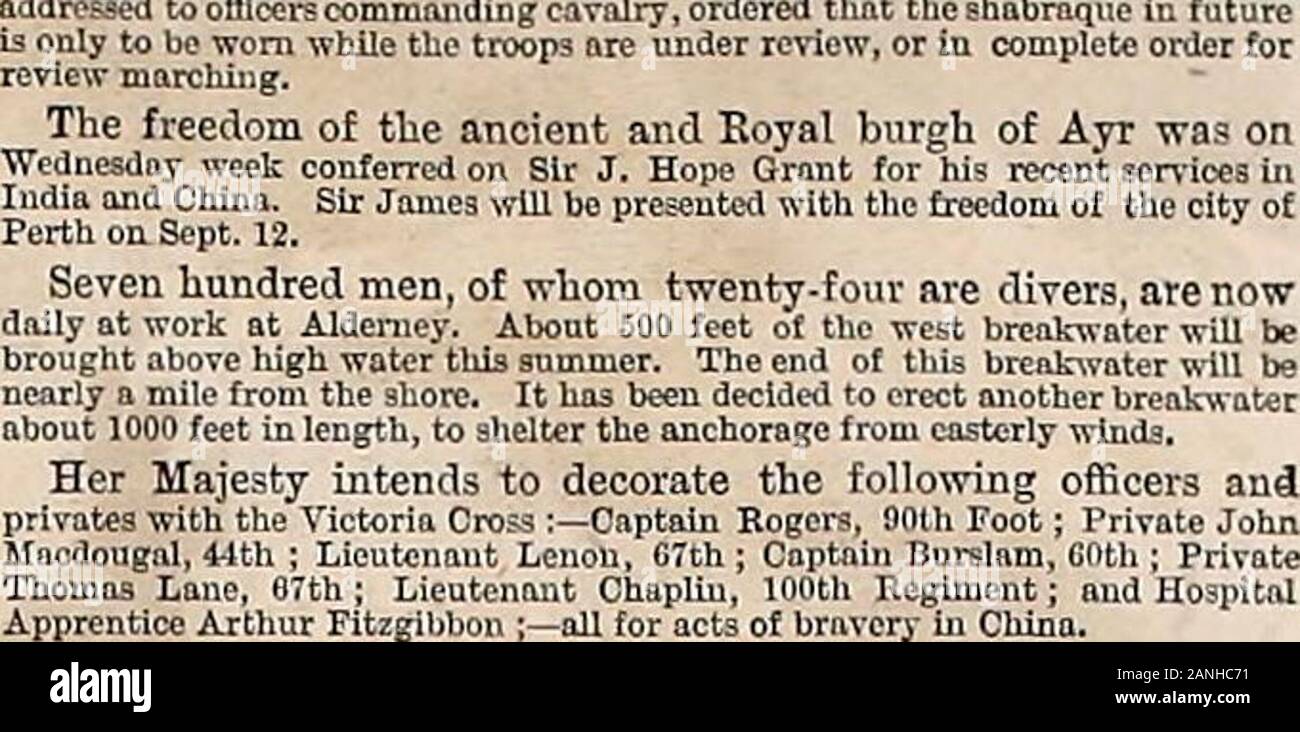 L'Illustrated London News . AL ET LE RENSEIGNEMENT MILITAIRE. La date de Cambridge a examiné environ 12 000 soldats à thegiwragj le lundi. Ine ! F au Pays de Galles ?  ? 1 d'une société d'un Horse Guards circulaire de la GTH explique le nouveau règle- La 12e Lanciers, maintenant au York et Leeds, sont sous les ordres du lieutenant-colonel Fiviuar.tlo. Un--i-tani : Secretarr militaires. ? ? J' ? ? . : ? ?.  ! ?-.. . , ; ,.. ,,,, , ,,,,,,, , ? , ?. ! ? ? :. ? :, ;. : O ; C.ip.air. Dans LVntinj Eaehmil.- r.-.-r- J ± : nice Gazette. Le 101e Régiment TVn.al-ioers Reeriment luind Fu Madras Les Winchester, dn. saili:j'^-,bip. quitté Chatham le lundi, dans " ?y Banque D'Images