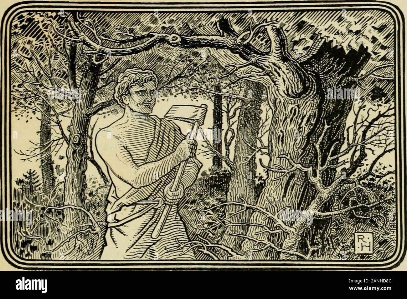 Les fables d'Ésope, sélectionné, dit à nouveau et leur histoire remonte . Un homme entra dans un bois daywith une hache dans sa main andbegged, tous les arbres de lui donner une petite branche qui il voulait fora but particulier. Les arbres étaient bon enfant et lui a donné l'une de leurs branches.Qu'a fait l'homme mais ne le fixer dans l'axe-tête, et bientôt mis au travail la réduction € FABLES 69 arbre PON. après l'arbre. Puis les arbres vu comment foolishthey avait été en donnant leur themeans l'ennemi de détruire eux-mêmes. Banque D'Images