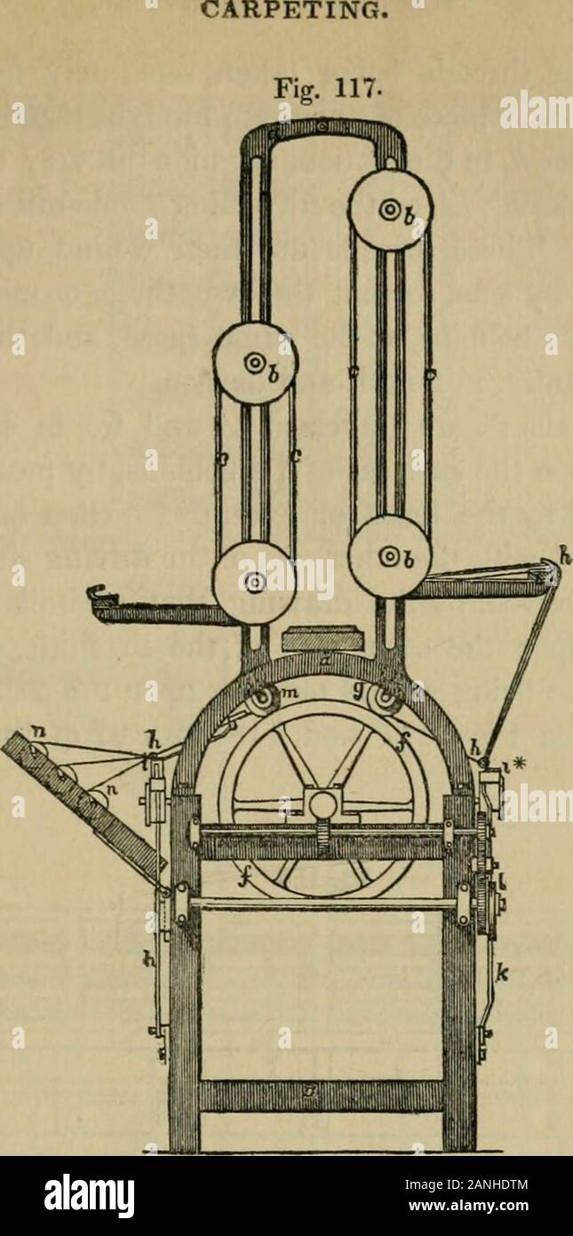 L'art du tissage à la main, et par le pouvoir, avec un compte d'introduction de sa montée et de progrès dans les temps anciens et modernes . 243 Fig. 116 représente une élévation avant de l'amélioration de l'ap-bobinage paratus, constituant la première partie de l'amélioration ; fig. 117 fin de l'Isan voir ; et Fig. 118 est un plan ou vue horizontale de la même,comme vu du dessus. Ces figues, seront suffisantes pour illustrer twomethods d'effectuer cette partie de l'invention en vigueur, viz.doublé d'écheveaux, ou échevettes, ou des bobines séparées, comme l'un des côtés du châssis est représenté ayant les écheveaux ou échevettes, et l'otherthe Banque D'Images