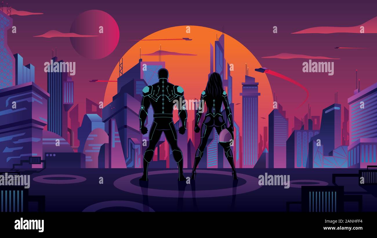 Couple de super-héros dans la ville futuriste 2 Illustration de Vecteur
