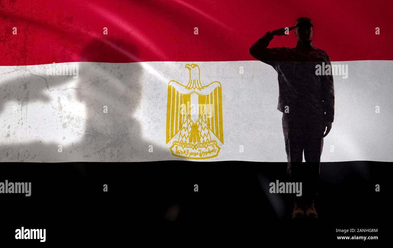 Soldat égyptien salut silhouette contre drapeau national, force de pays Banque D'Images