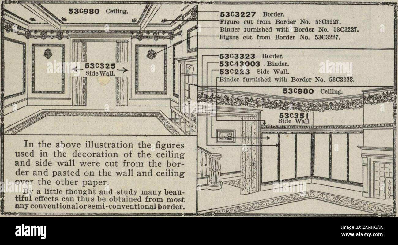 Mur de papier pour chaque foyer, 1916 . Ordre de la même manière que vous avez fait le mur et plafond côté papier. Bande pliée Takethe de frontière, monter votre plate-forme ou de l'échelle, mais ne notcommence dans le coin ; déplier l'extrémité droite et ont le plus endlap sur l'autre mur d'environ 4 pouces. Sur la frontière de la partie coupée est autorisé à remainslightly attaché à la frontière. Cela rend plus facile de propager le pasteevenly sur le bord où la frontière est perforé. Après la pasteis appliqué c'est une simple question de détacher la partie découpée. Le plafond ne doit pas être uniforme, de mesure à partir de la parole, Banque D'Images