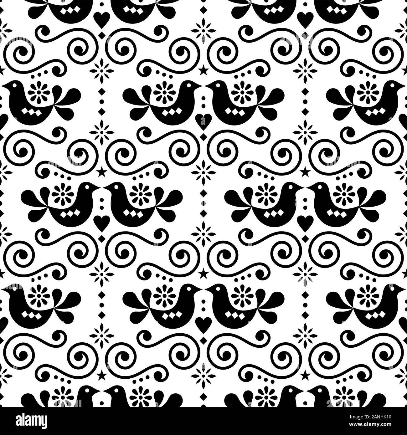 Folk scandinave modèle vectoriel continu et répétitif mignon floral design nordique avec des oiseaux en noir sur fond blanc Illustration de Vecteur