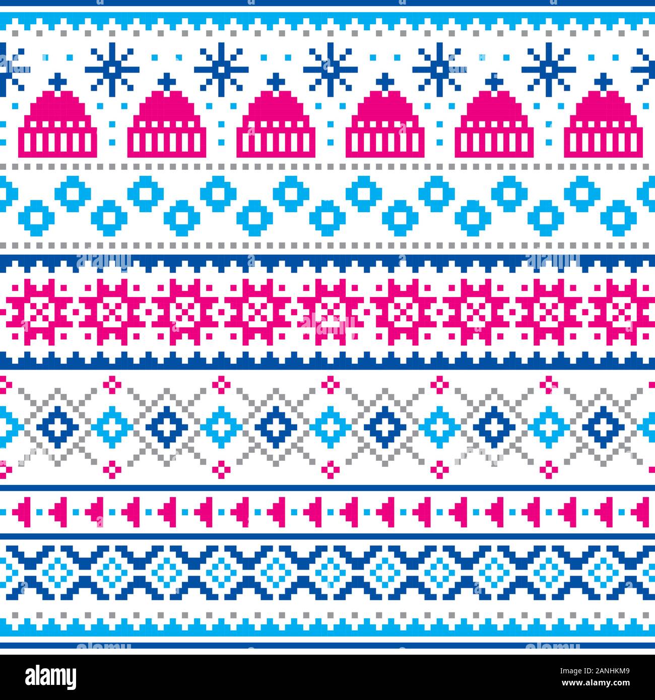 L'hiver, de Noël traditionnel de style Île knitwear seamless vector pattern avec chapeaux d'hiver et les flocons de neige Illustration de Vecteur