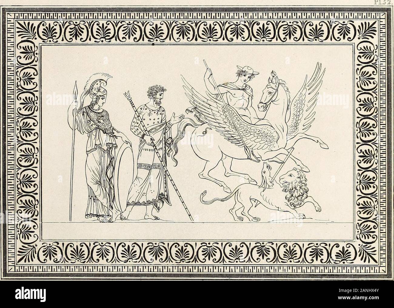 Décrit des chiffres et des compositions sur le grec, romain, et vases étrusques de feu Sir William Hamilton, gravée de la frontières . ch Pegasus, comme appartenant toApollo, le dieu de la médecine, à l'évidence prouve, que thesmallest et plus minutes circonstances introduit uponthe vases sacrés, ont leur objet ; le sceptre,qui est dans la main de l'amphitryon, marque l'autorité royale;et, probablement, le feuillage de l'IVY, brodé sur l'ensemble de sa robe, sert à faire connaître, qu'il était aussi un priestof Bacchus, comme en Grèce les rois étaient souvent les pontifes, ou chef-prêtres. Banque D'Images