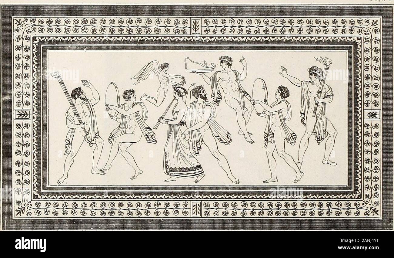 Décrit des chiffres et des compositions sur le grec, romain, et vases étrusques de feu Sir William Hamilton ; gravée frontières . t ] 21 Ronde des ornements qui leur montrât distinct des themirrors, qui sont sacrées à ces déités. XXXIII LA PLAQUE. Dans ce tableau nous pouvons observer deux indications, ofBacchus au moyen du globe ou d'une sphère. Attaché au mur sur un côté, il semble y avoir une sorte de placard,appelé tabernaculum ; et le filet avec deux chaînes toeach fin, a pour but d'être bouclée round theglobe, qui n'a pas de poignée. XXXIV LA PLAQUE. Cette peinture semble Banque D'Images