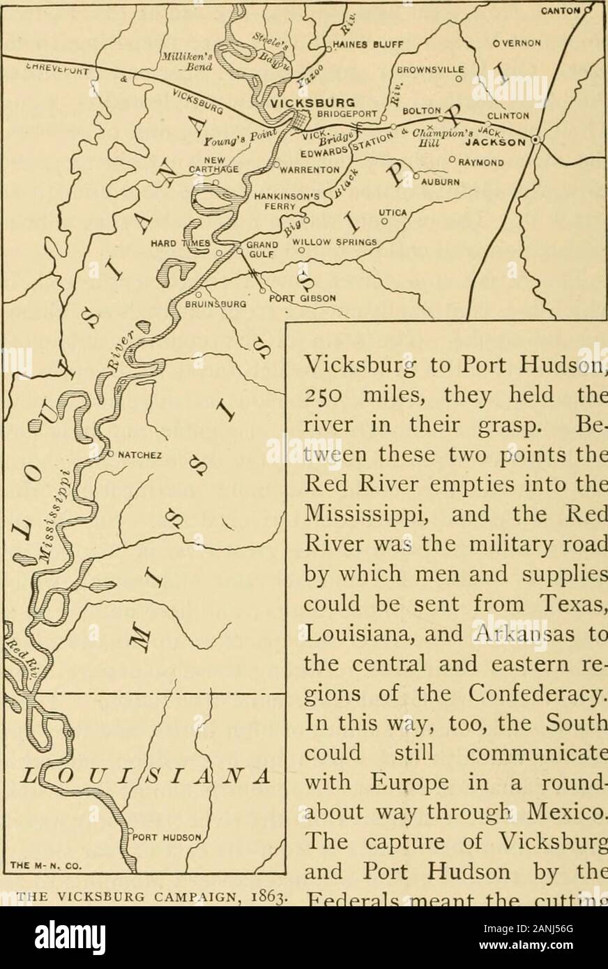 Une histoire des États-Unis pour les écoles . resthe confédérés ne pouvaient pas construire des fortifications thatcould résister à la rivière fédéral flottes. Mais le côté theeastern le bassin de la grande rivière est délimité par des plaines de l'Alabama et du Mississippi, dans whichterminate bluffs précipitée ; et ici et là, des intervalles atlong, la rivière sweeps fermer jusqu'à l'bluffsand lave leur base. Parmi ces points sont mem-phis, Vicksburg, Grand Golfe et Port Hudson. Theseplaces debout sur le sommet de falaises, et ils les navires de guerre candestroy avec un feu plongeant, sans dommage incurringmuch dans retu Banque D'Images