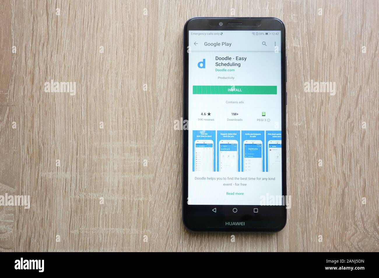 Doodle - application Easy Scheduling sur le site Web de Google Play Store affichée sur le smartphone Huawei an 6 2018 Banque D'Images
