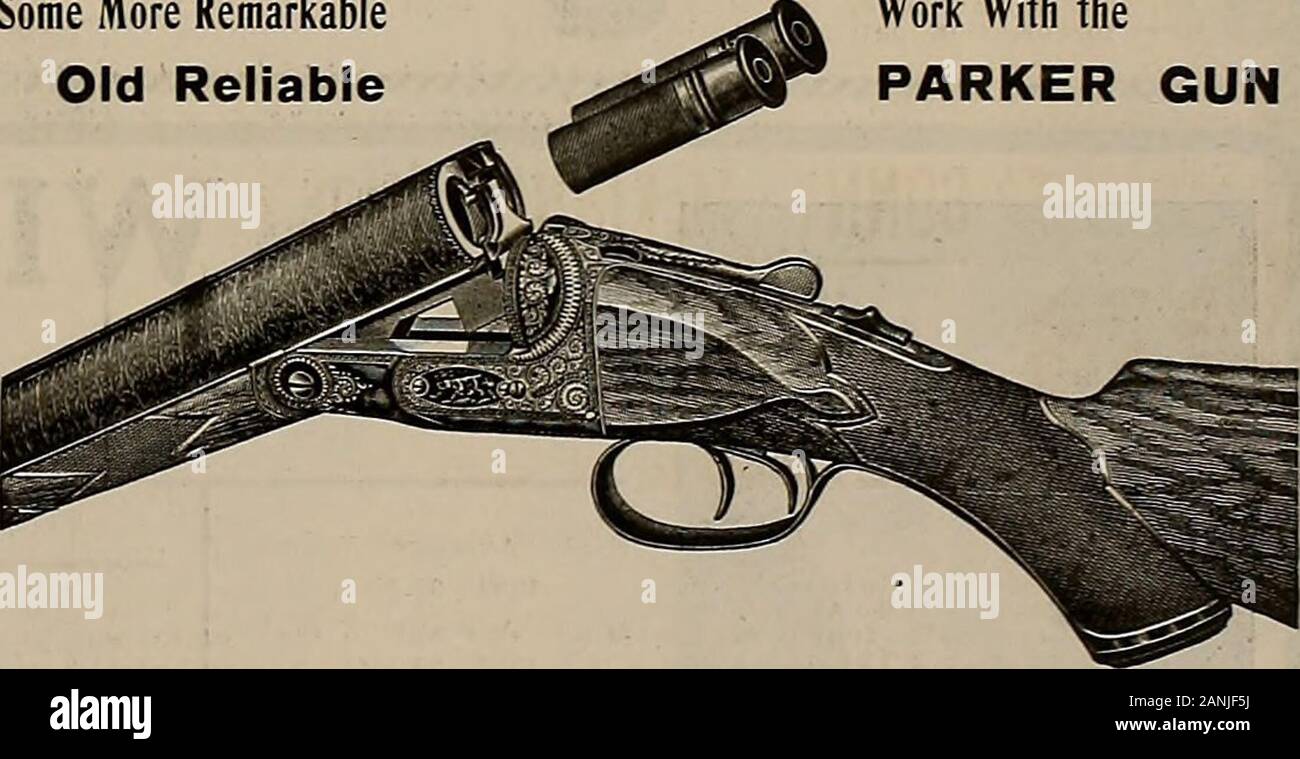 Source et sportif . Les Poudres Les poudres sans fumée que gagner à l'utilisation de poudres sont des pièges sur le terrain. E. I. du Pont de Nemours Co. établie 1802 Poudre. Wilmington, Delaware. DIVISION DE LA CÔTE OUEST de San Francisco, Californie ; Salt Lake City, Utah ; Seattle, Washington ; Portland, Ore.;Spokane, dans certains Plus RemarkableOld thePARKER Travail FIABLE AVEC DES ARMES À FEU. Au cours de 1909, M. Fred Gilbert tourné à 19,310 cibles, briser- Est, 425,ou 95.41p. 100. Cela comprenait des objectifs simples et doubles, à la fois dans la pratique et handicapevents. Bien sûr, M. Gilbert tourné, comme il le fait toujours, son vieux fusil. RELIABLEPARKER M. Woolf Banque D'Images
