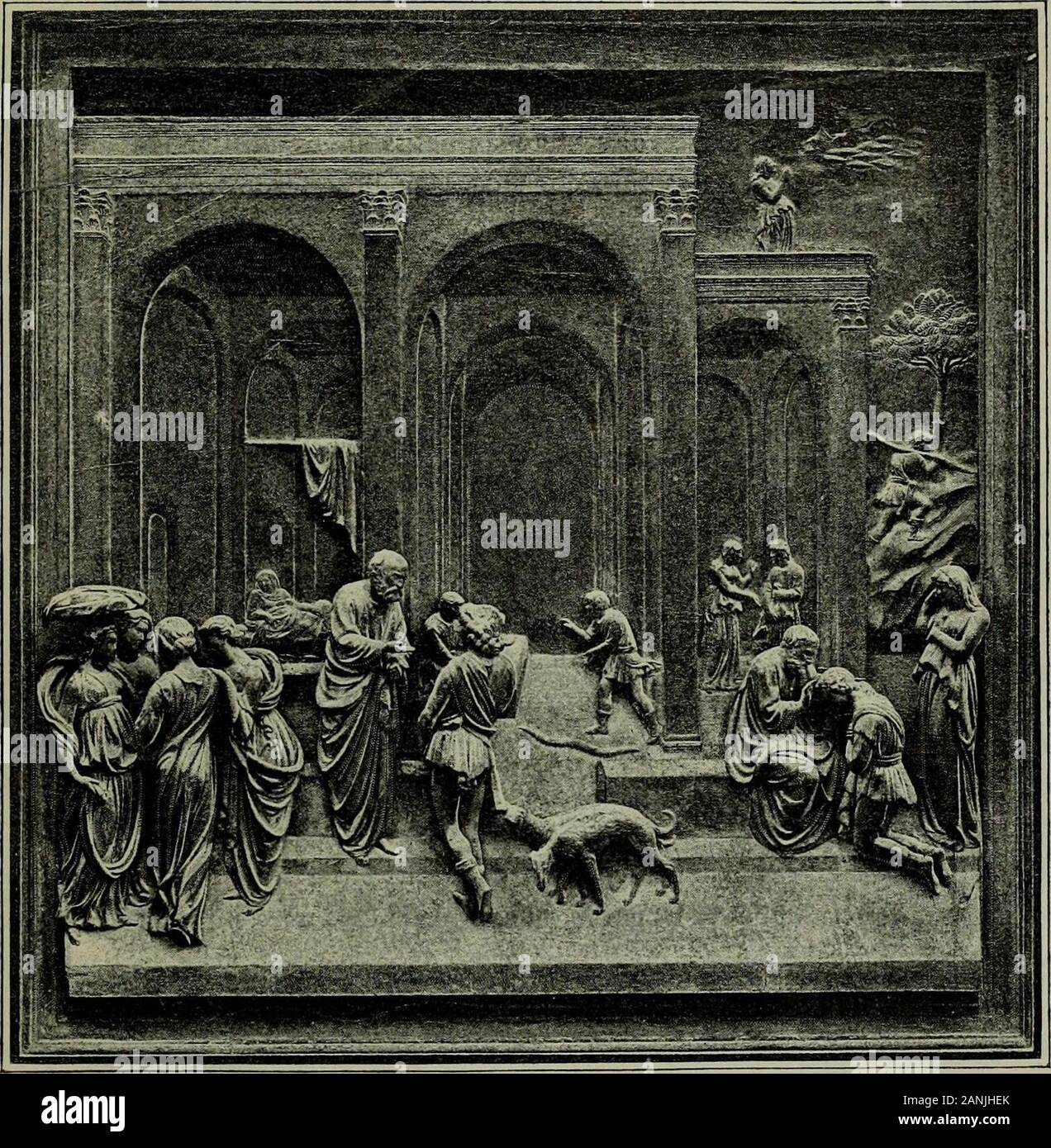Histoire de l'art pendant la Renaissance . Staluetle de prophète. Pour cette seconde période encore, les travaux étrangers à la porte sont enpetit nombre. Je citerai dabord les deux bas-reliefs en bronze exécutés pour la cuve baptis-mâle de Sienne (commandés en 1417, ils furent commencés en 1424 seulementet terminés en 1427). Lun deux représente le Baptême du Christ, lautre Saint 1. Chiberli, Perkins et son école, p. i32. GHIBERTI. 539 Jean devant Hérode conduit. Ce sont des compositions distinguées, mais non pashors ligne. Ghiberti, en vrai fils du moyen âge, sentend beaucoup mieux àraconter Banque D'Images