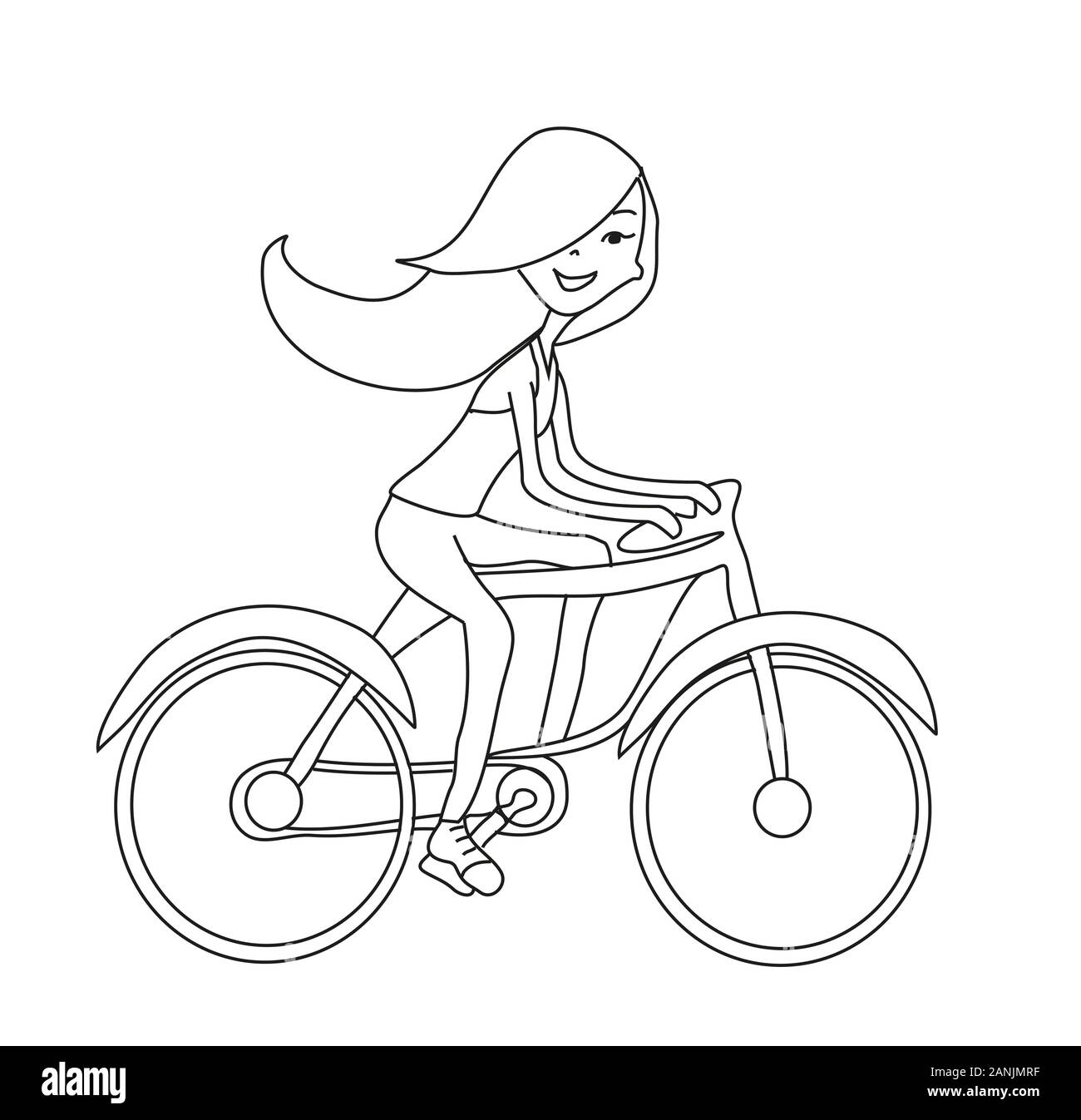 Fille est Riding Bike - doodle Coloring Book Banque D'Images