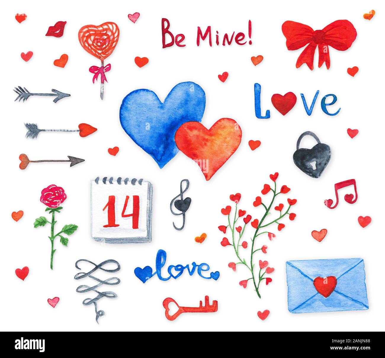 Éléments de doodles aquarelle Happy Valentines Day Banque D'Images