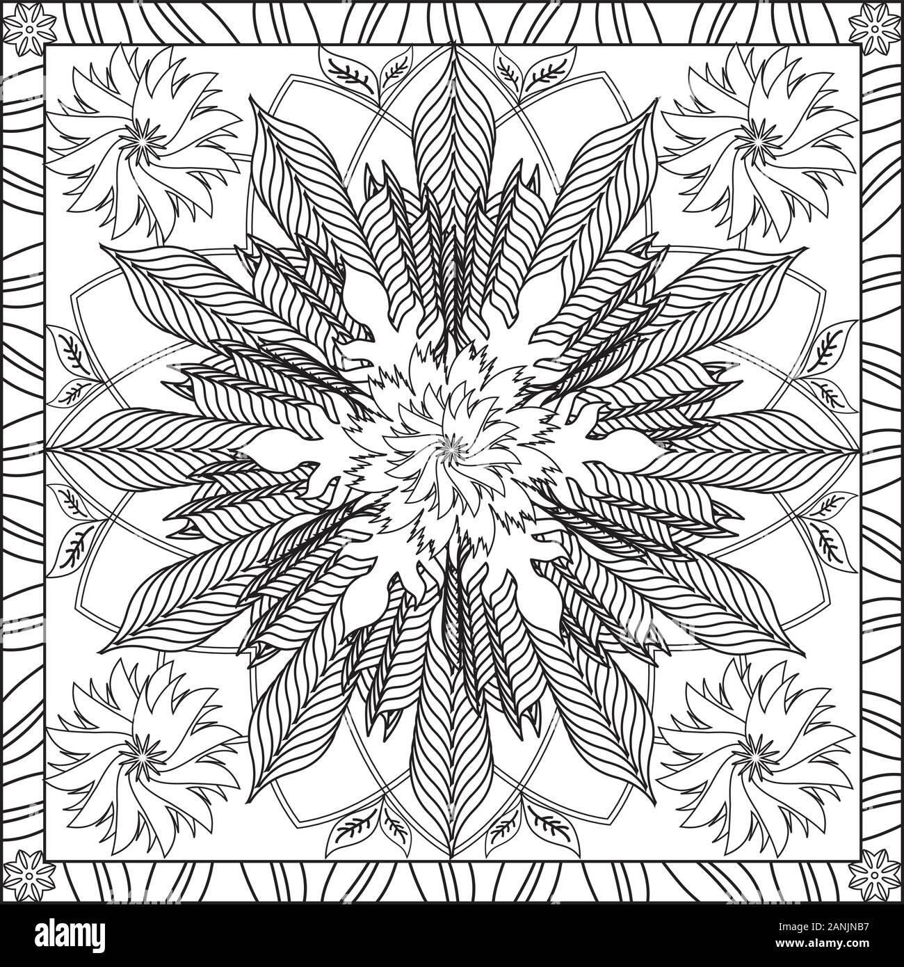 L'illustration de la page de coloriage en format carré - Mandala Fleur feuillage Star Wheel - Respirez profondément et détendez-vous et détendez-vous - Noir et Blanc Illustration de Vecteur