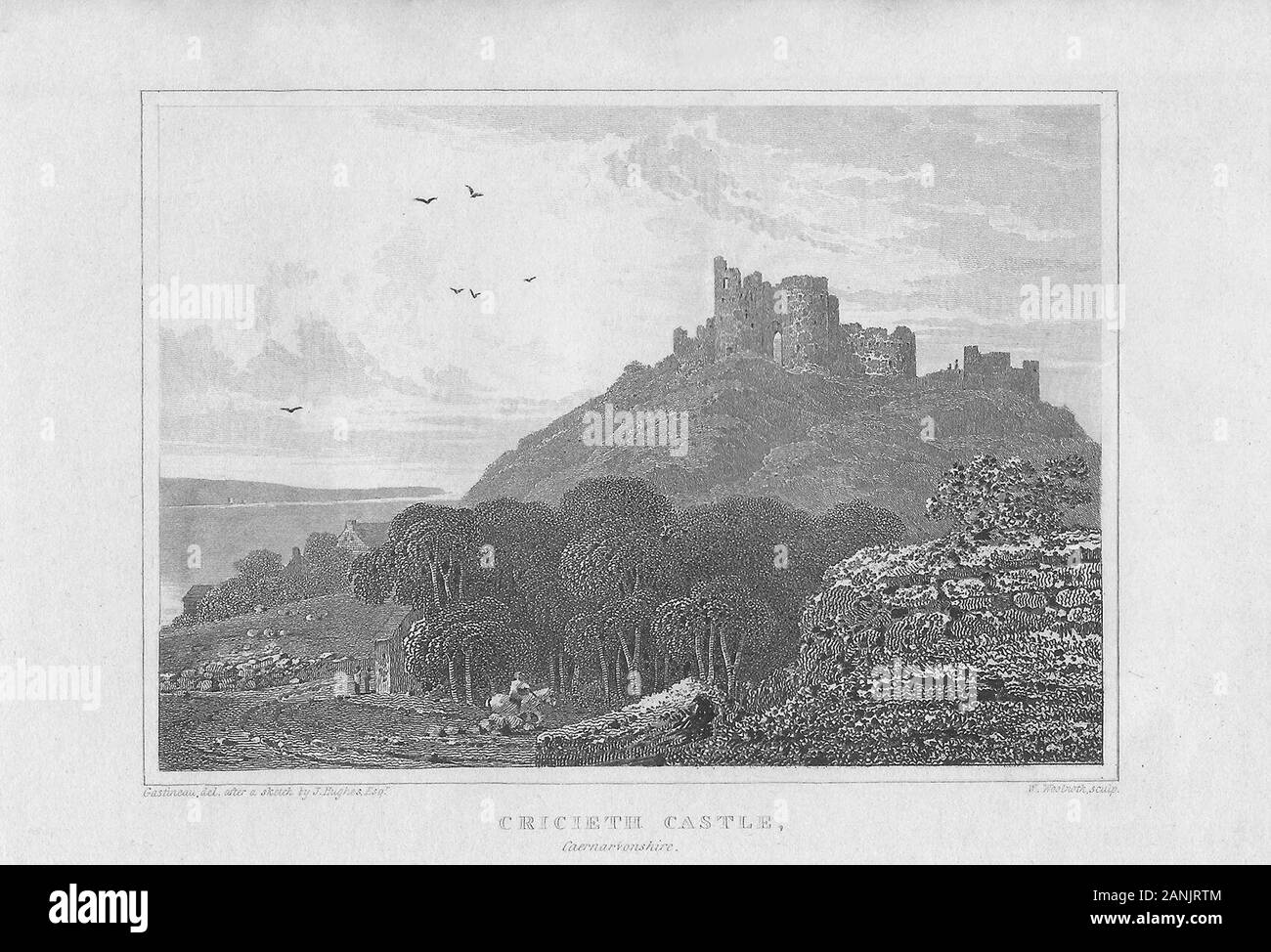 Gravure du début du XIXe siècle du château de Criccieth au nord du Pays de Galles, en Grande-Bretagne Banque D'Images