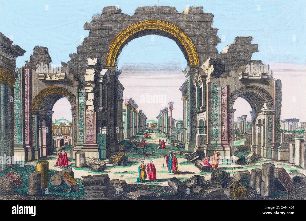 Palmyra, Syrie. Arc monumental, l'Est de l'entrée de la colonnade, après une gravure du 18ème siècle. La colorisation plus tard. L'arc monumental a été détruit en 2015 pendant la guerre civile en Syrie. Banque D'Images