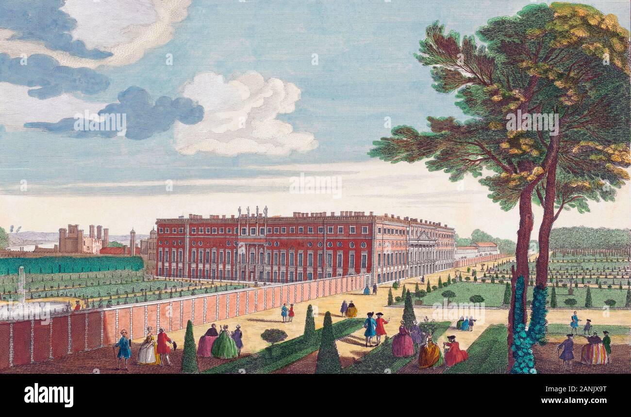 Une vue sur le Palais Royal de Hampton Court. Londres, Angleterre. Après une gravure datée 1751 publié par Robert Sayer. La colorisation plus tard. Banque D'Images