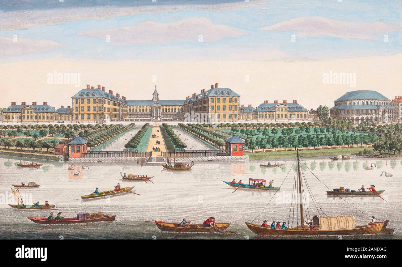 Une vue de l'Hôpital Royal de Chelsea et la Rotonde dans Ranelaigh Gardens, Londres, Angleterre. Après l'impression du travail de 1751 par Thomas Bowles. Publié par Robert Sayer. La colorisation plus tard. Banque D'Images