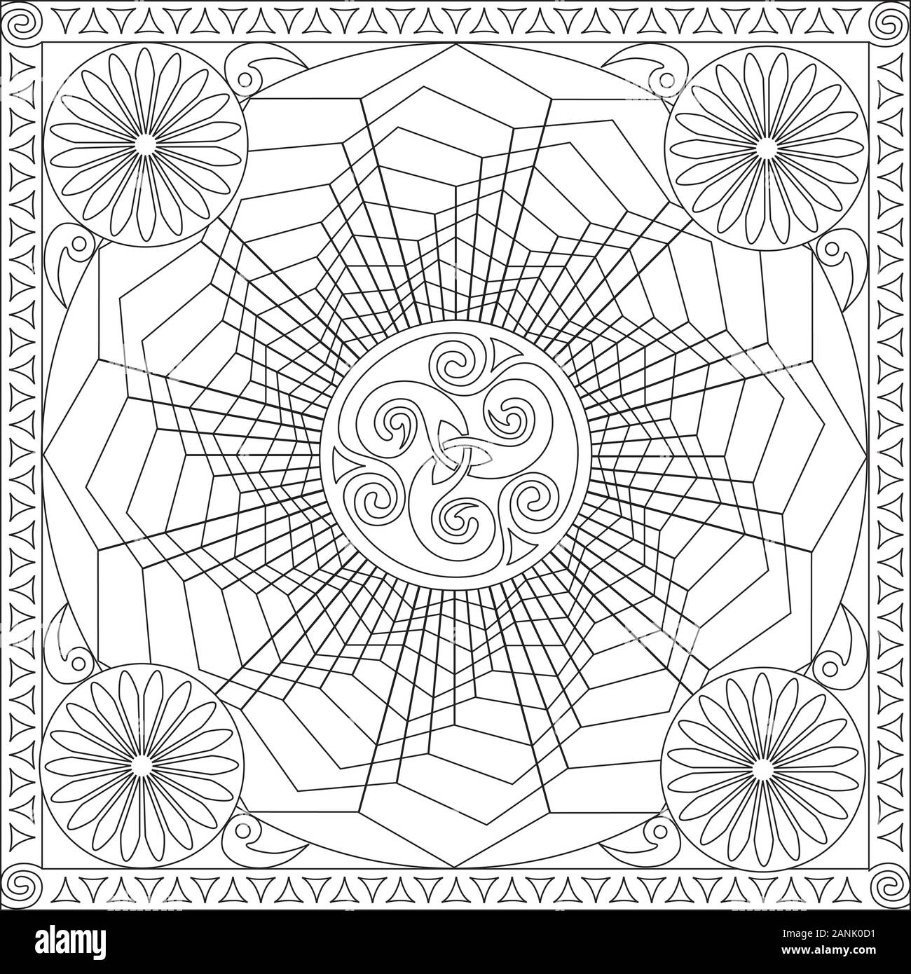L'illustration de la page de coloriage en format carré - Mandala Star Roue Web - Respirez profondément et détendez-vous et détendez-vous - Noir et Blanc Illustration de Vecteur