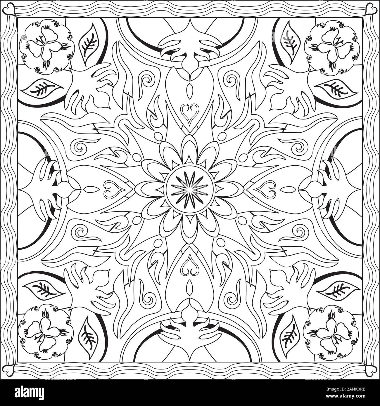 L'illustration de la page de coloriage en format carré - Mandala Fleur feuillage Star Design - Respirez profondément et détendez-vous et détendez-vous - Noir et Blanc Illustration de Vecteur