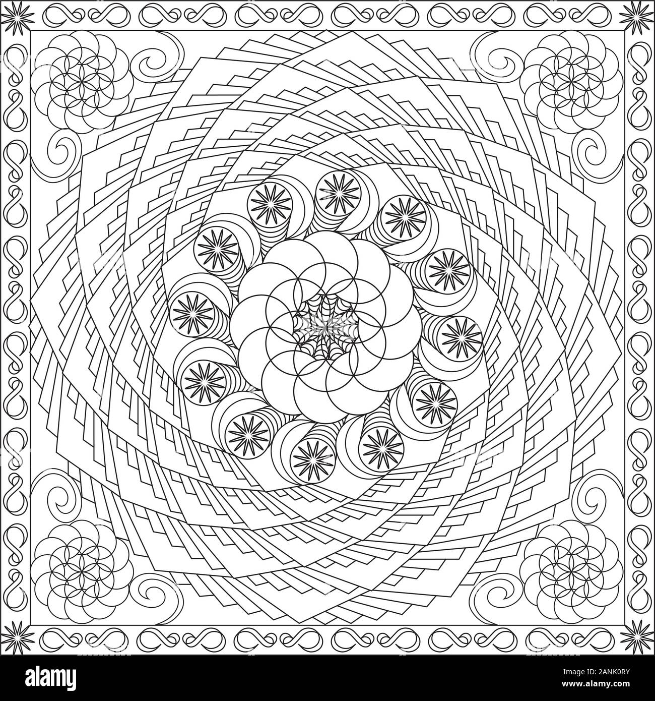L'illustration de la page de coloriage en format carré - Mandala Star Circle roue - Respirez profondément et détendez-vous et détendez-vous - Noir et Blanc Illustration de Vecteur