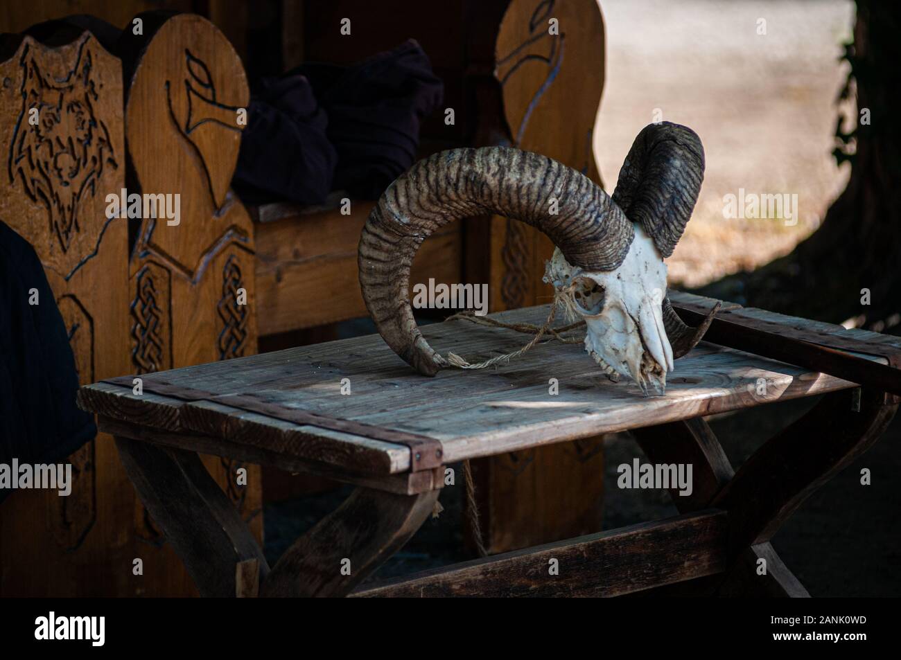 Camp viking avec crâne béliers sur table.re historique adoption Banque D'Images