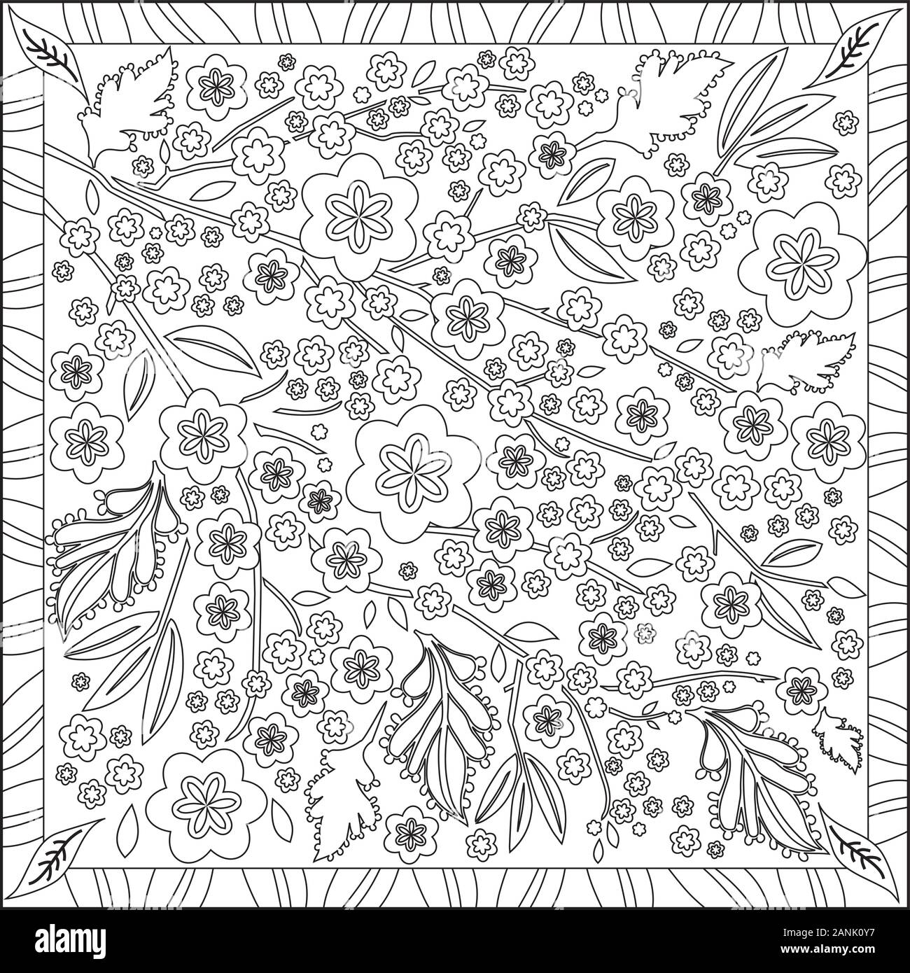 L'illustration de la page de coloriage Format carré de fleurs, branches et feuilles, Feuillage Design - Fleur de cerisier - Noir et Blanc Illustration de Vecteur