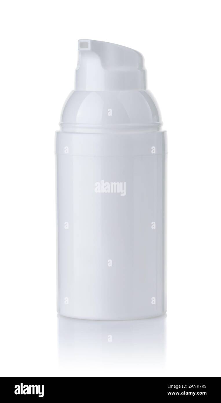 Vue avant du plastique blanc vide bouteille cosmétique isolated on white Banque D'Images