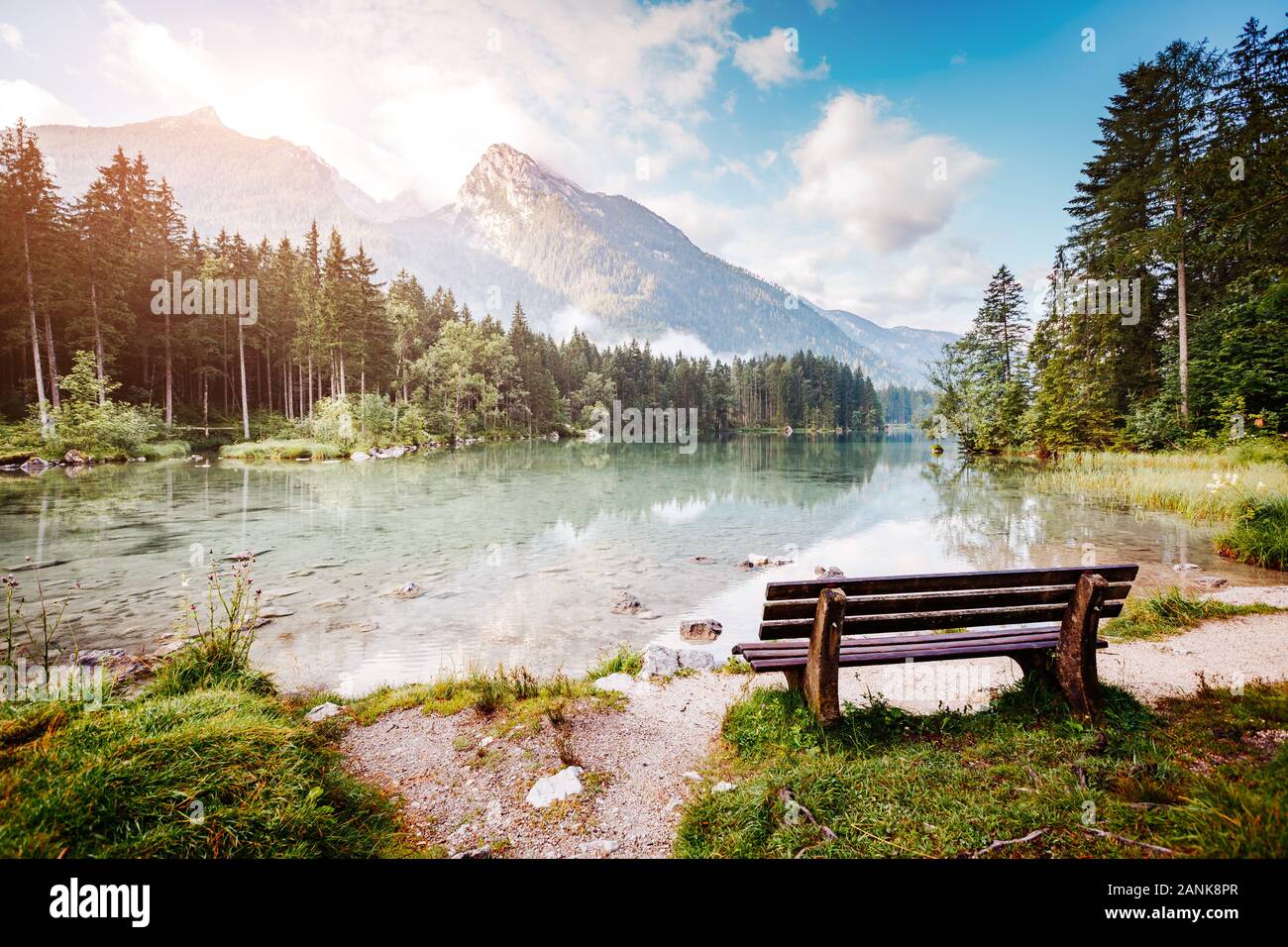 Un cadre pittoresque d'attraction touristique populaire Hintersee. Pittoresque. Resort emplacement Ramsau, parc national de Berchtesgaden, Haute-Bavière, Banque D'Images