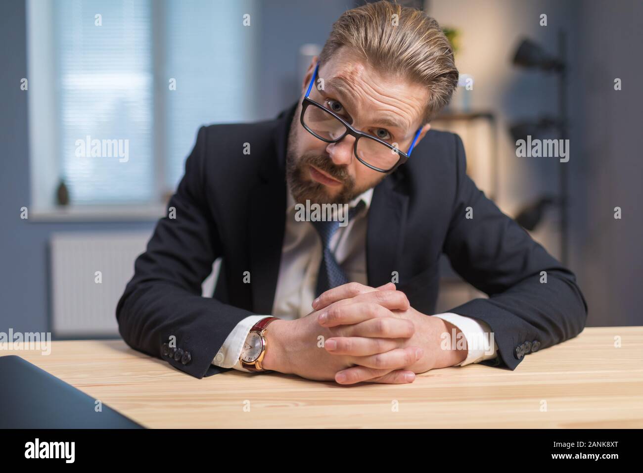 Collier blanc avec front ridé Gazing at Camera Banque D'Images