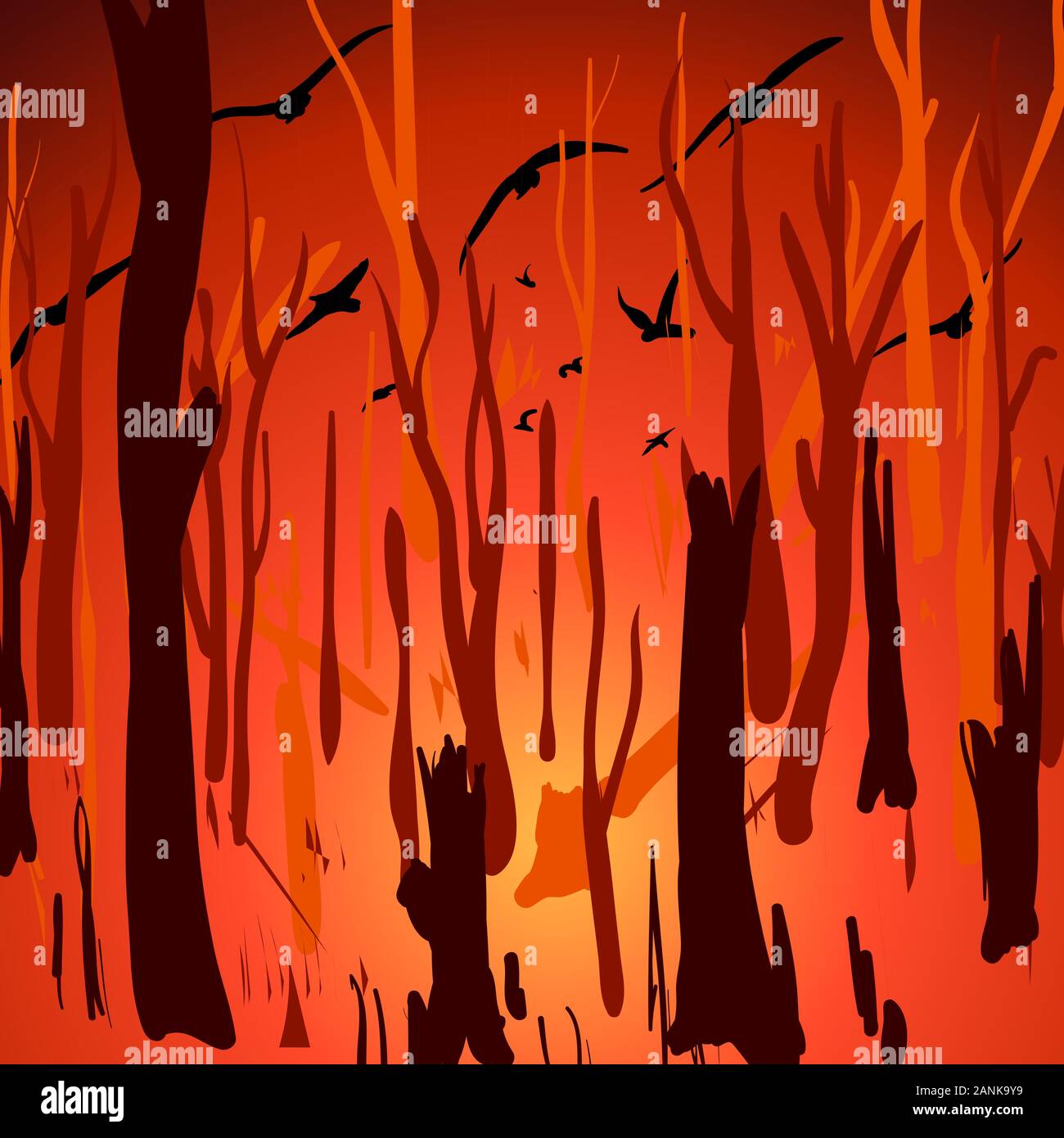 Paysage avec une traînée en Australie et le vol des oiseaux. Cartoon Vector illustration. Illustration de Vecteur