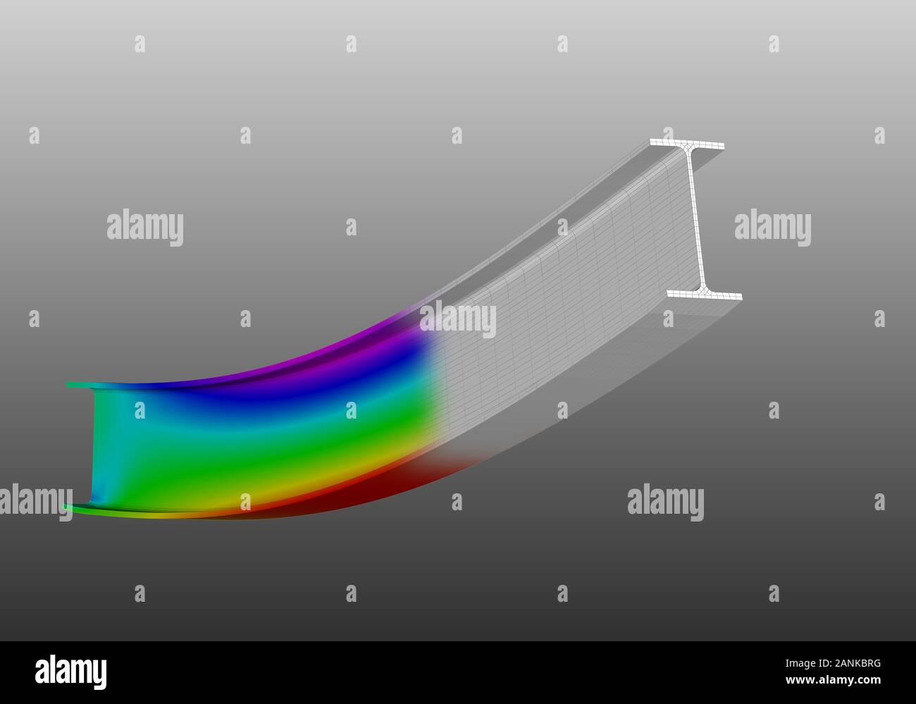 Un simple i-Beam pris en charge. Vue tridimensionnelle de la déformation du maillage et tracé des contraintes normales à partir de l'analyse par éléments finis sur le fond de dégradé gris Banque D'Images