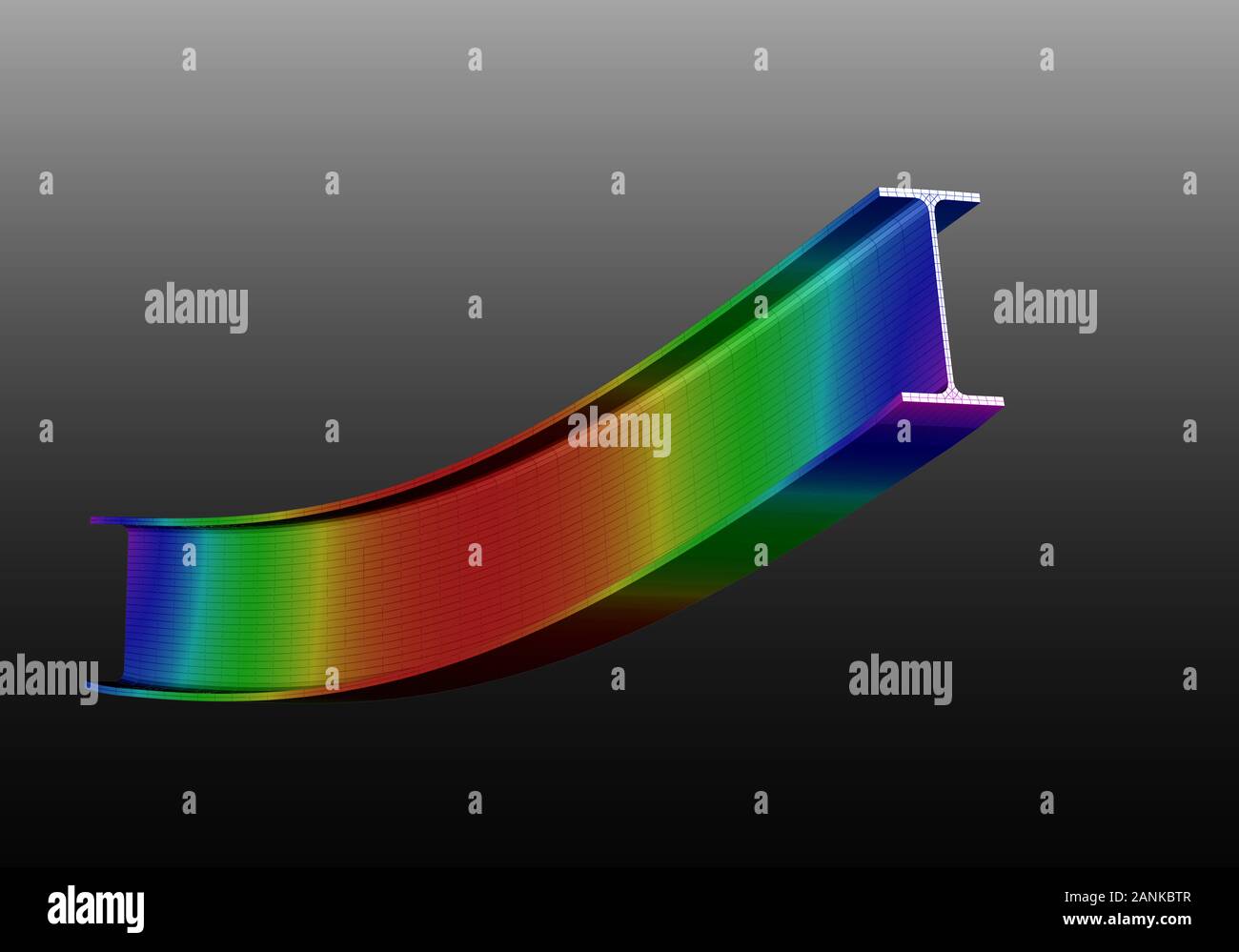 Un simple i-Beam pris en charge. Vue tridimensionnelle de la déformation du maillage et tracé des déflexions à partir de l'analyse par éléments finis sur le fond de dégradé gris Banque D'Images