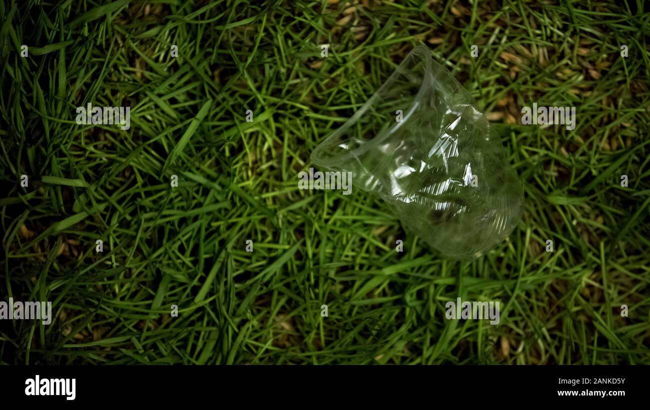 Tasse en plastique froissé jeté sur pelouse, problème de la pollution de l'environnement, recyclage Banque D'Images