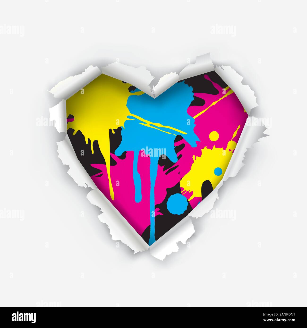 Coeur déchiré avec des couleurs CMJN, éclaboussures colorées. Illustration d'un trou dans le papier en forme de cœur. Concept pour la présentation de l'impression couleur. Illustration de Vecteur
