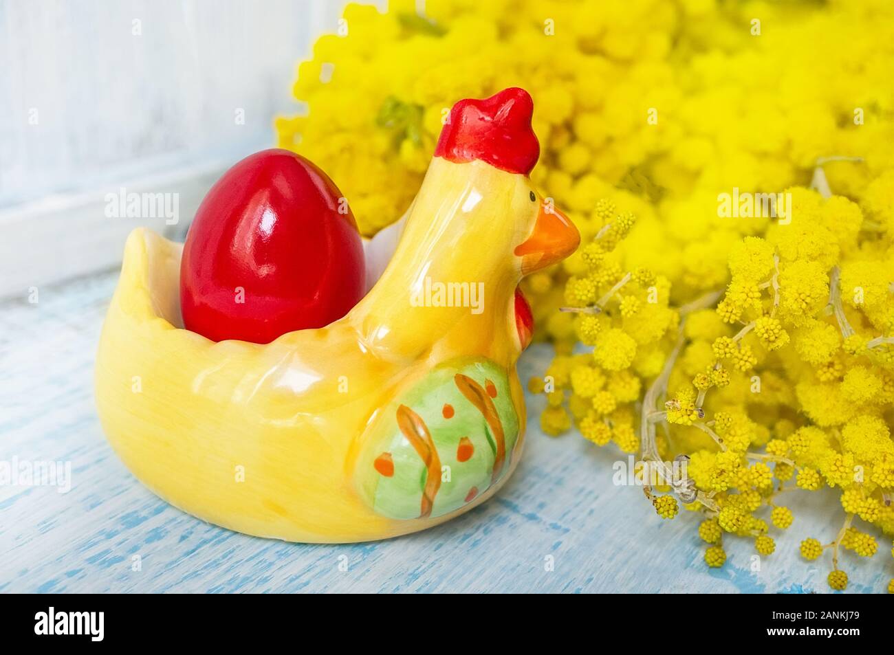 Oeuf de Pâques dans un poulet en céramique et Mimosa, sur un fond bleu en bois. Fond d'écran de Pâques. Banque D'Images