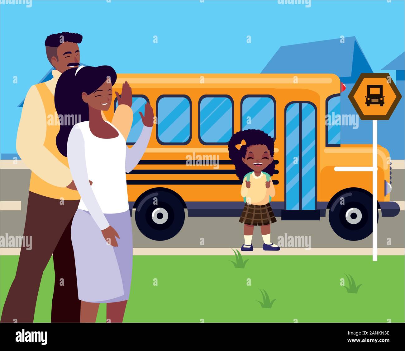 Les parents avec son étudiante fille retour à l'école vector illustration design Illustration de Vecteur