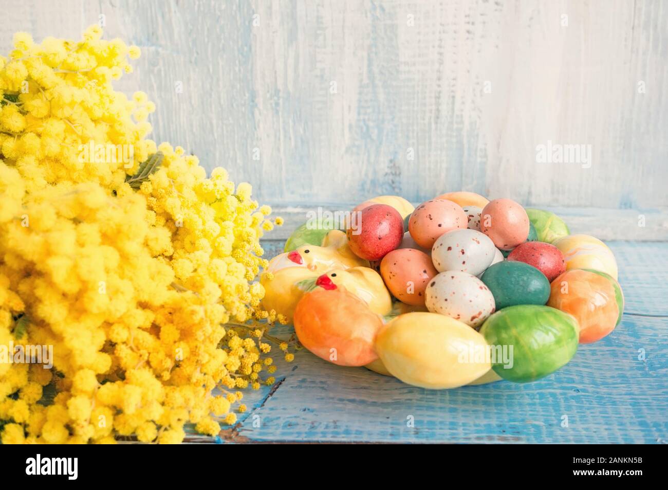 Oeufs de Pâques en forme de céramique et Mimosa couleurs, sur un fond bleu en bois. Fond d'écran de Pâques. Copier l'espace. Banque D'Images