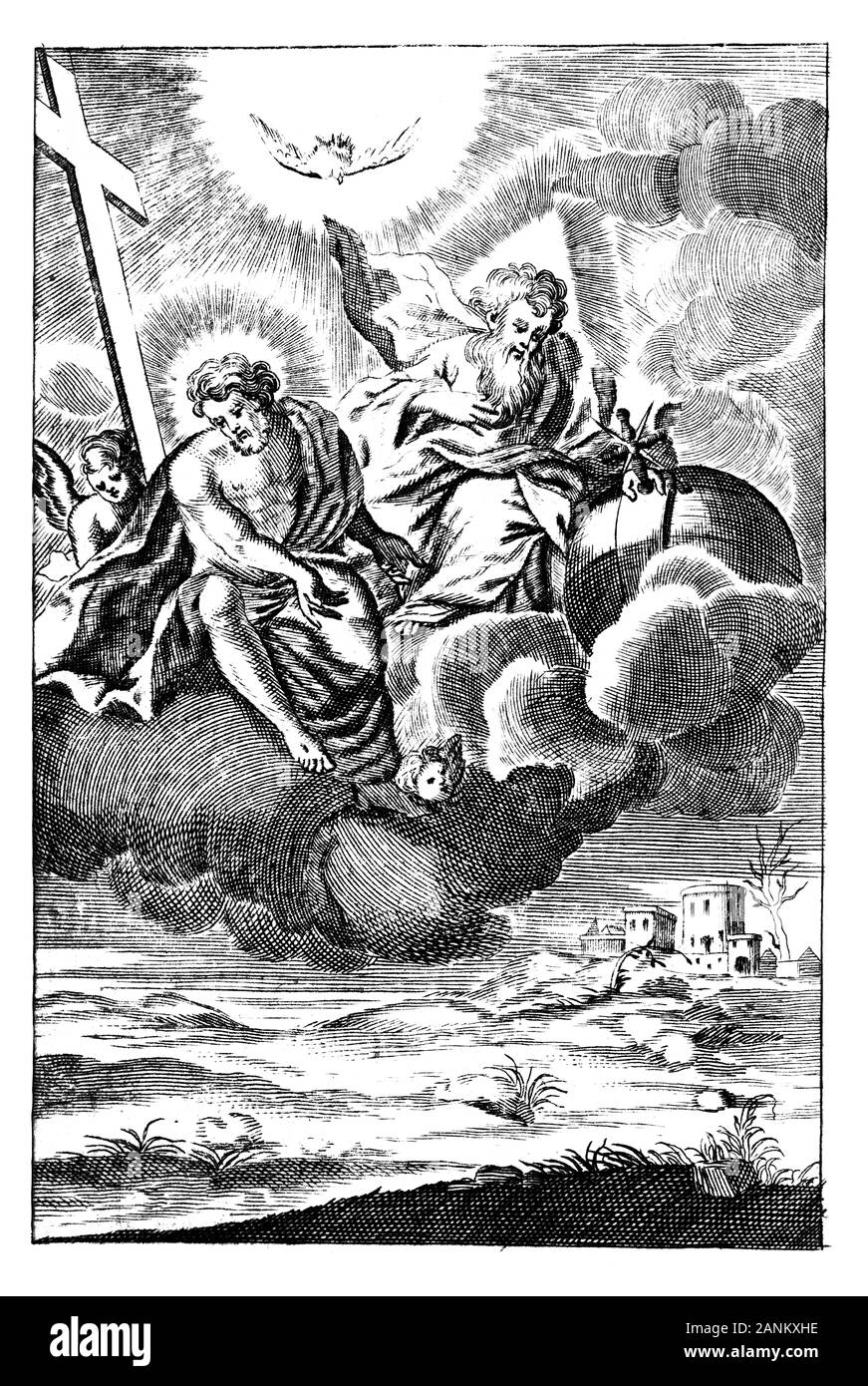 Objets decoratifs gravure religieuse ou le dessin de Dieu, Jésus et l'ange qui volait sur les nuages au-dessus de la terre ou paysage.illustration de livre Die Betrubte und noch in Ihrem Beliebten..., l'Empire autrichien,1716. L'artiste est inconnu. Banque D'Images