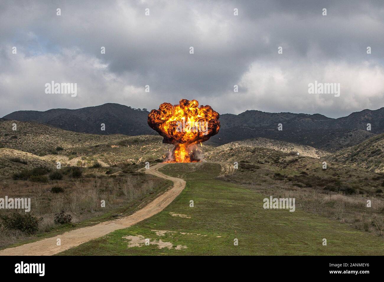 Les Marines américains font exploser un "mur de feu" lors d'une démolition gamme de formation à distance de 219 Marines avec 7e Bataillon de soutien du génie, 1er Groupe logistique maritime, à l'éventail 219 sur le Marine Corps Base Camp Pendleton, en Californie, le 16 janvier 2019. La gamme a été utilisée pour amener les Marines de partout le bataillon d'apprendre les compétences de base nécessaires pour être un technicien de NEM. (U.S. Marine Corps photo par Lance Cpl. Alison Dostie) Banque D'Images