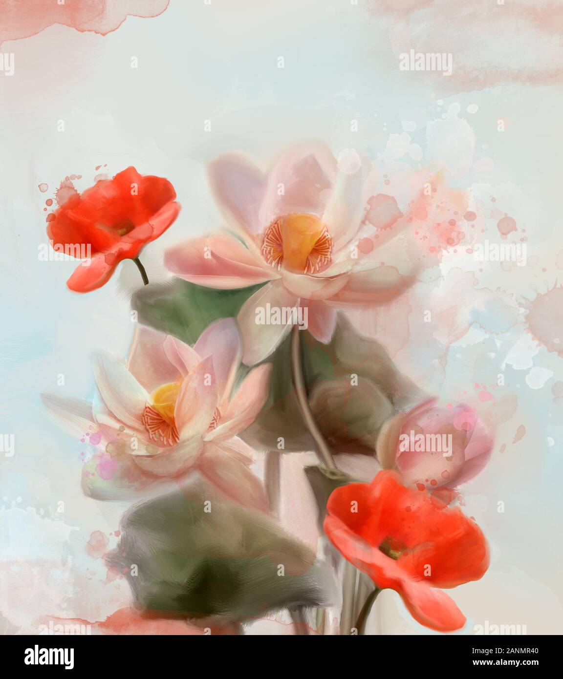 Collection de fleurs du printemps et de l'été : des coquelicots et des nénuphars dans un style aquarelle Banque D'Images