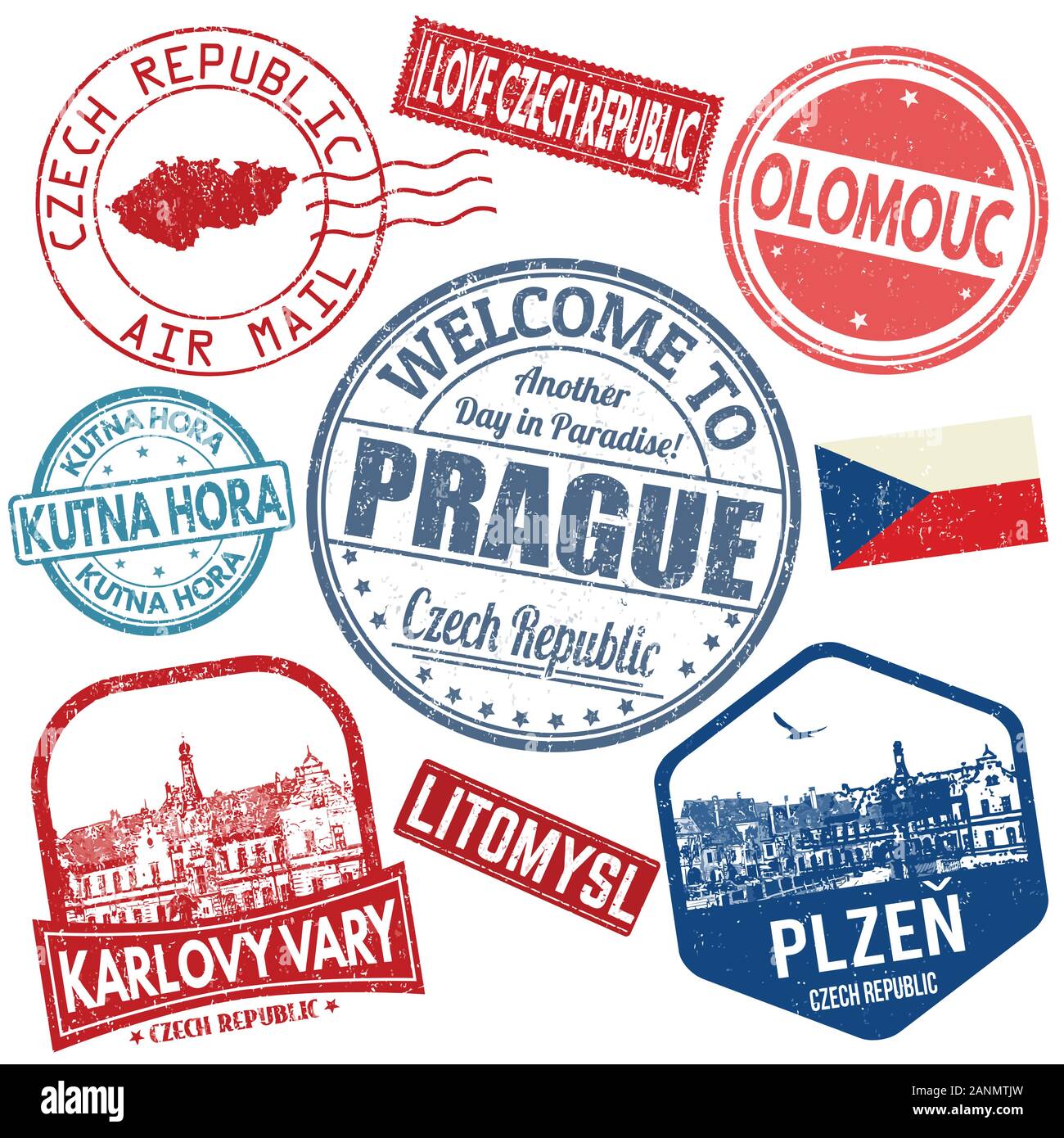 Ensemble de timbres avec grunge voyage République tchèque sur fond blanc, vector illustration Illustration de Vecteur