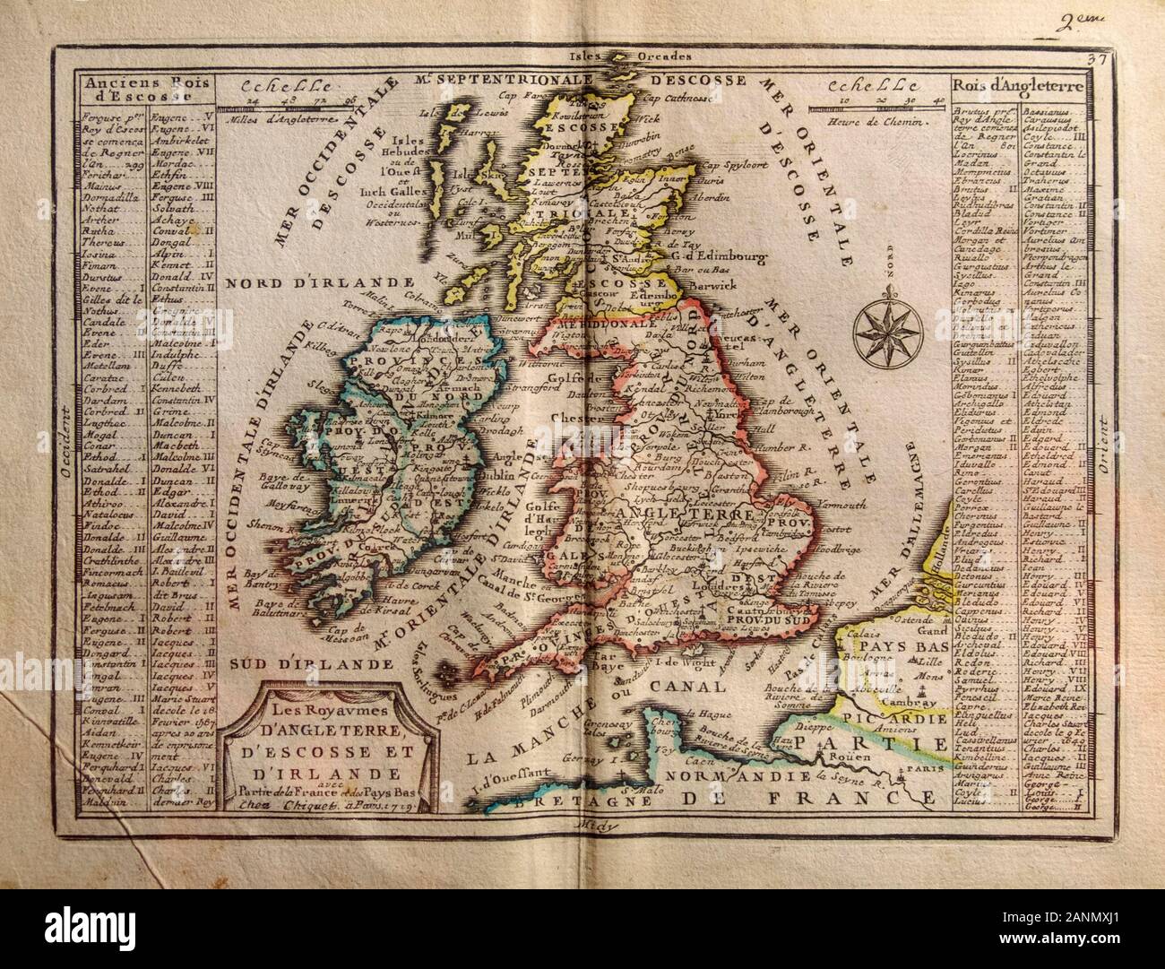 Carte de 1719 avec les royaumes de l'Angleterre, l'Ecosse et l'Irlande et le nom de leurs rois. À partir de la partie de la France et des Pays-Bas 1719. Banque D'Images