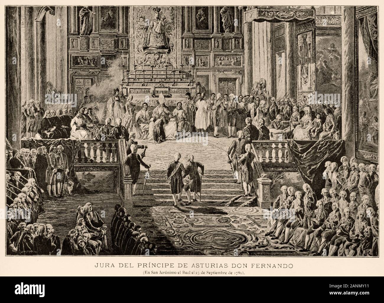 Ferdinand VII de Bourbon, roi d'Espagne (1784-1833). Serment comme prince des Asturies à San Jeronimo el Real de Madrid, Espagne, 23 septembre 1789. Paintin huile Banque D'Images Ferdinand VII de Bourbon, roi d'Espagne (1784-1833). Serment comme prince des Asturies à San Jeronimo el Real de Madrid, Espagne, 23 septembre 1789. Paintin huile Banque D'Images