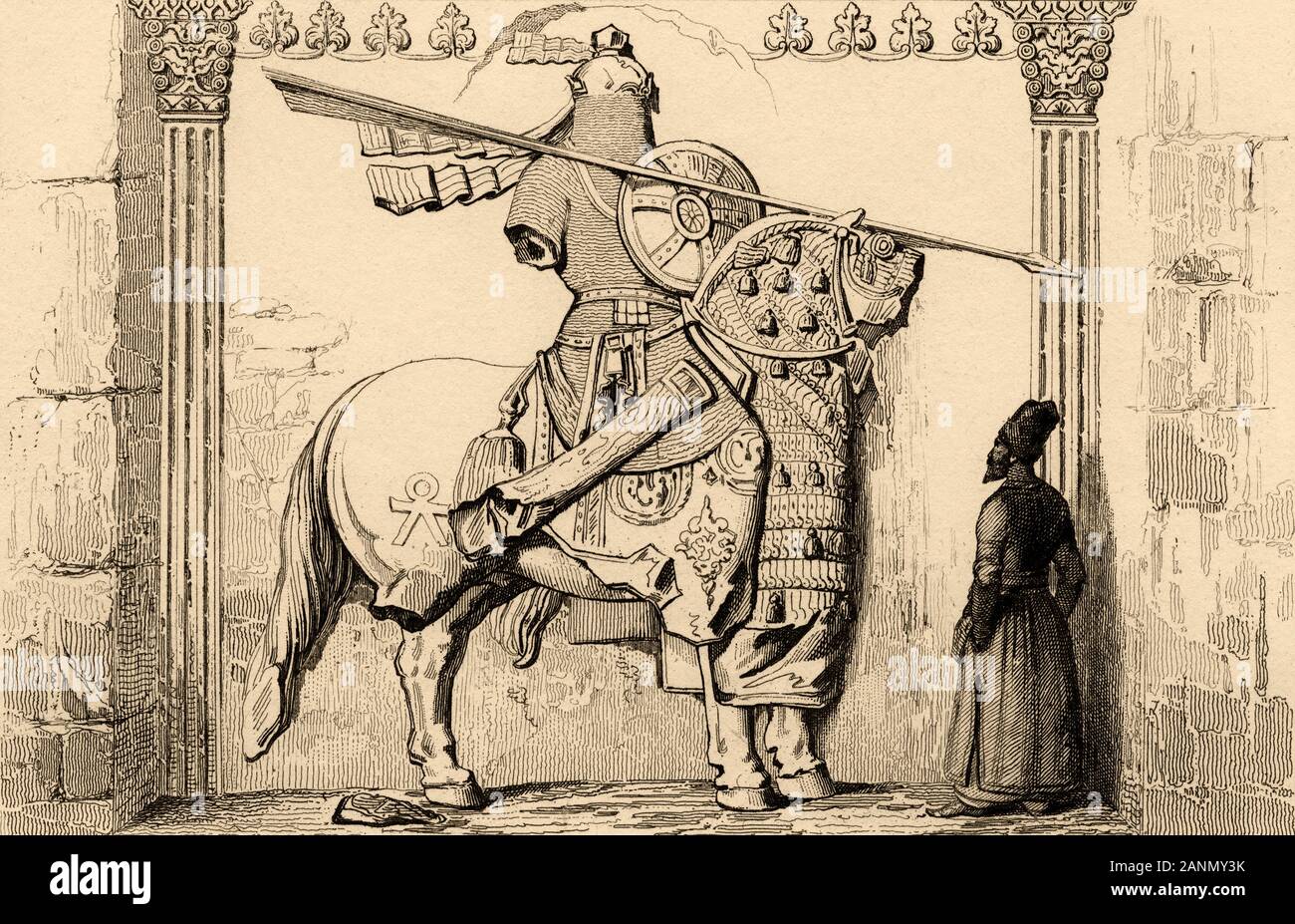 Détail d'une figure d'un homme monté sur un bon cheval. Reliefs d'Hosroe Rock II (590-628), l'empire sassanide de Perse. Taq-e Bostan, province Kermansha Banque D'Images