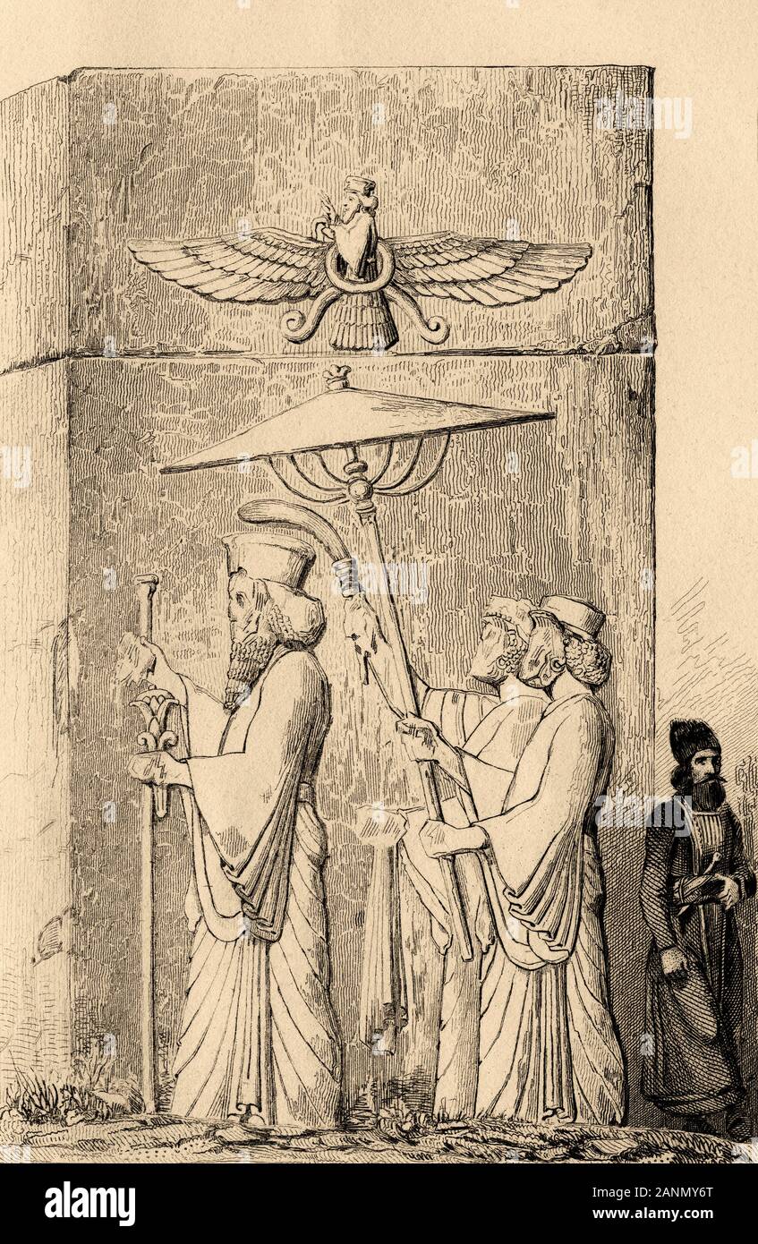 Darius I, Darius le Grand, ch. 550-486 av. Troisième roi de l'Empire  achéménide de Perse. Avec parasols et des opérateurs, à partir d'une  sculpture de la doo Photo Stock - Alamy