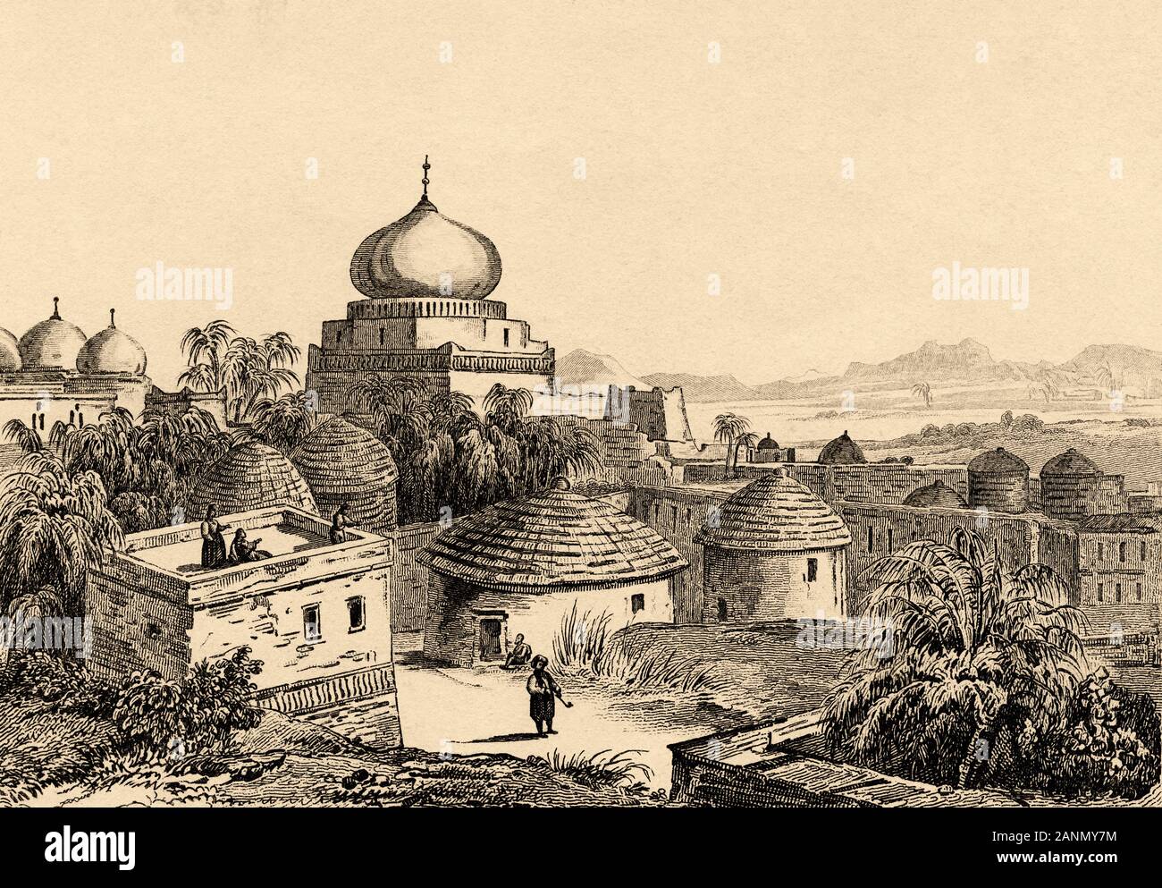 Vue panoramique de Mousa. Histoire de l'Arabie Saoudite. Gravure ancienne publiée dans L'Univers France, en 1841. Histoire de l'Arabie antique Banque D'Images